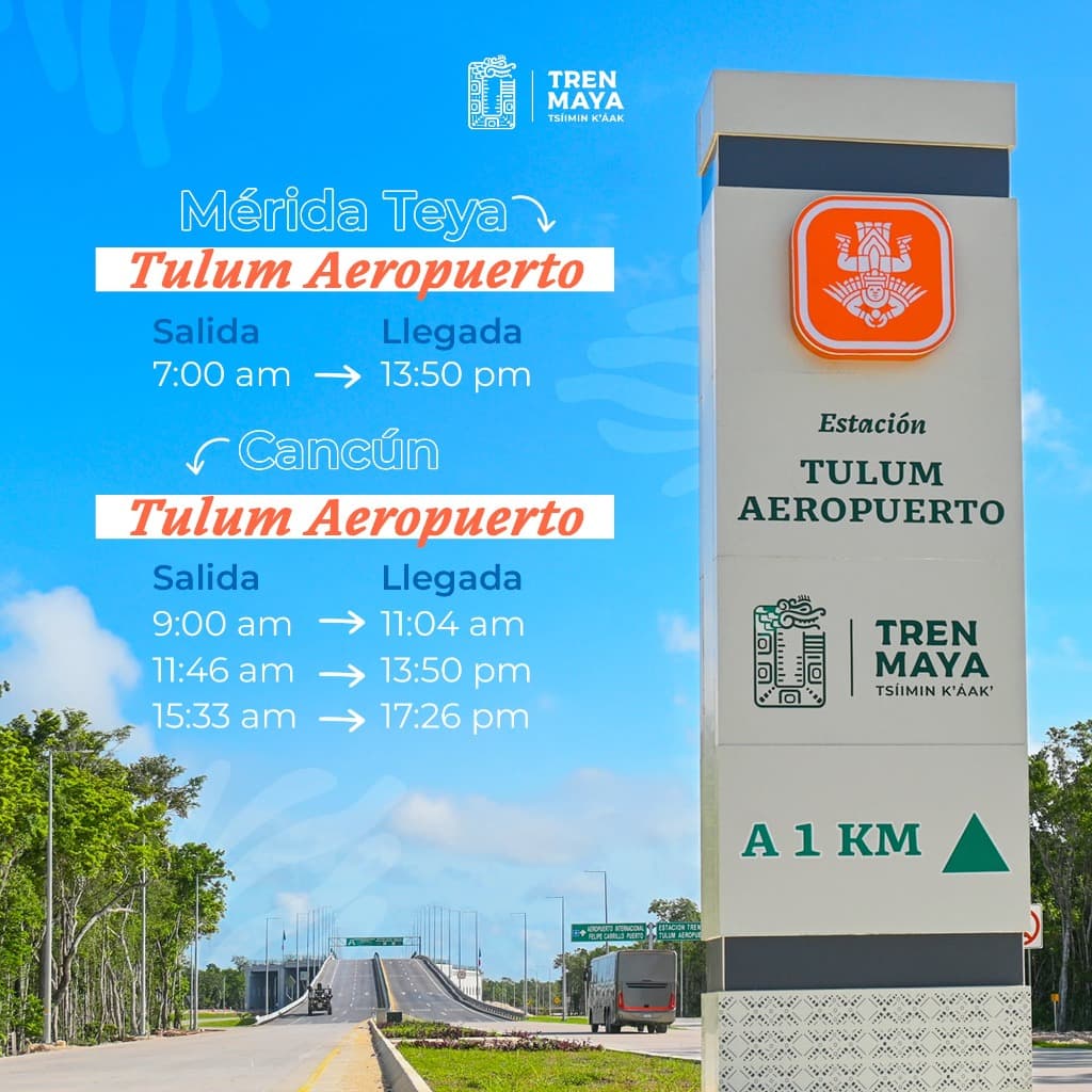 Horarios oficiales de tren desde Cancún y Mérida Teya a Tulum Aeropuerto